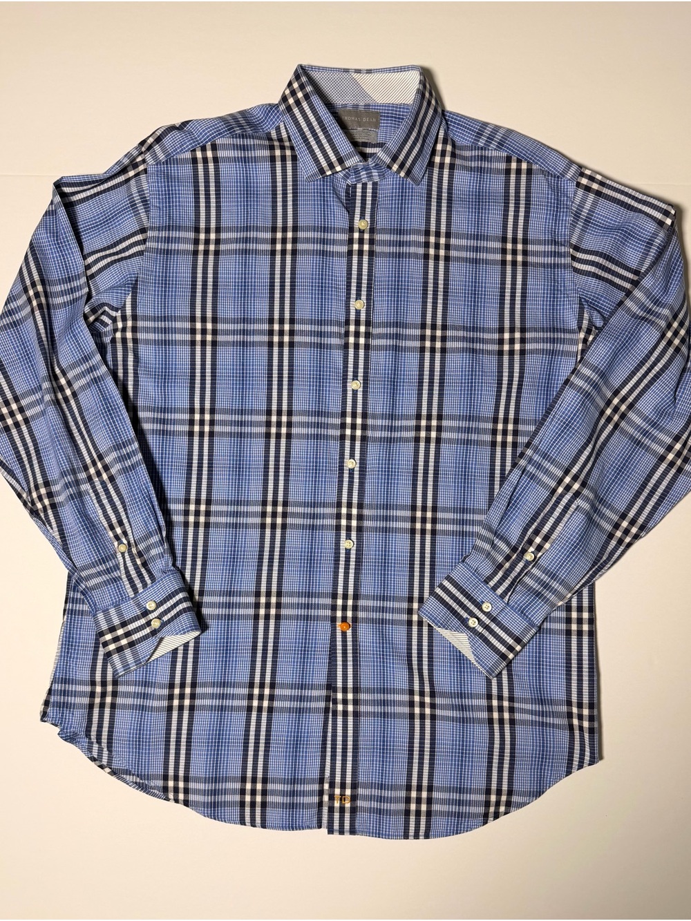 Thomas Dean Blue and Black Plaid Long-Sleeve Dress Shirt